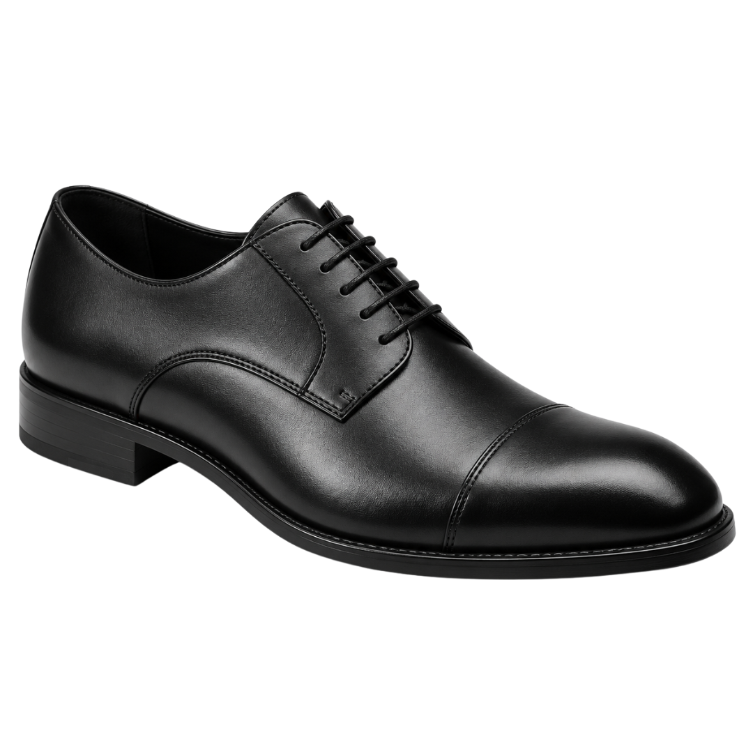 Polished Black Leather Cap-Toe Derby Shoes | Pranny Jankins