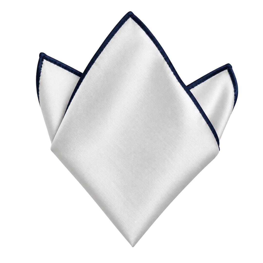 White Silk Pocket Square with Navy Trim | Pranny Jankins